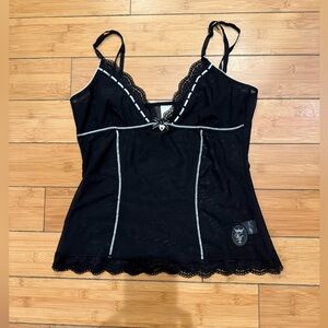 RARE Vive Maria black mesh cami top with white ribbon sacred heart charm Size M